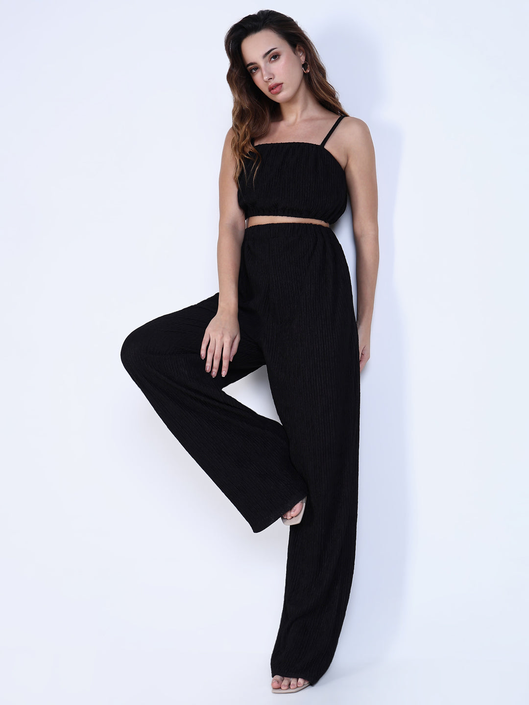 Women's Textured Black Crop Top with Pants Co-Ords Set