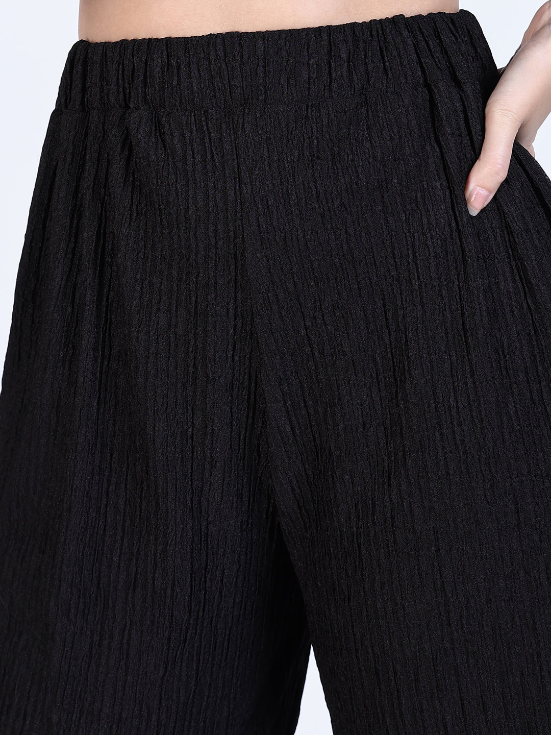 Women's Textured Black Crop Top with Pants Co-Ords Set