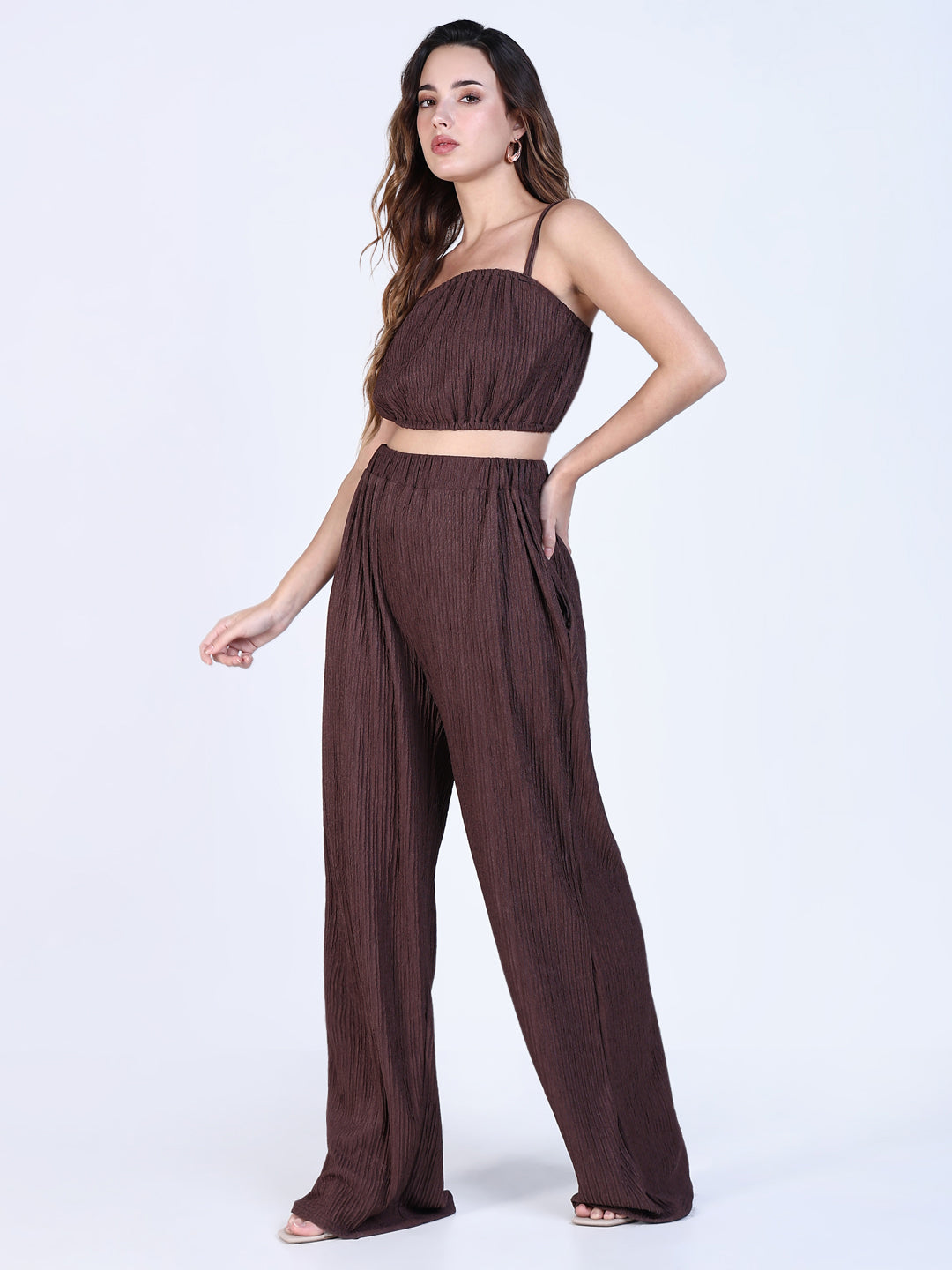 Women's Textured Brown Crop Top with Pants Co-Ords Set