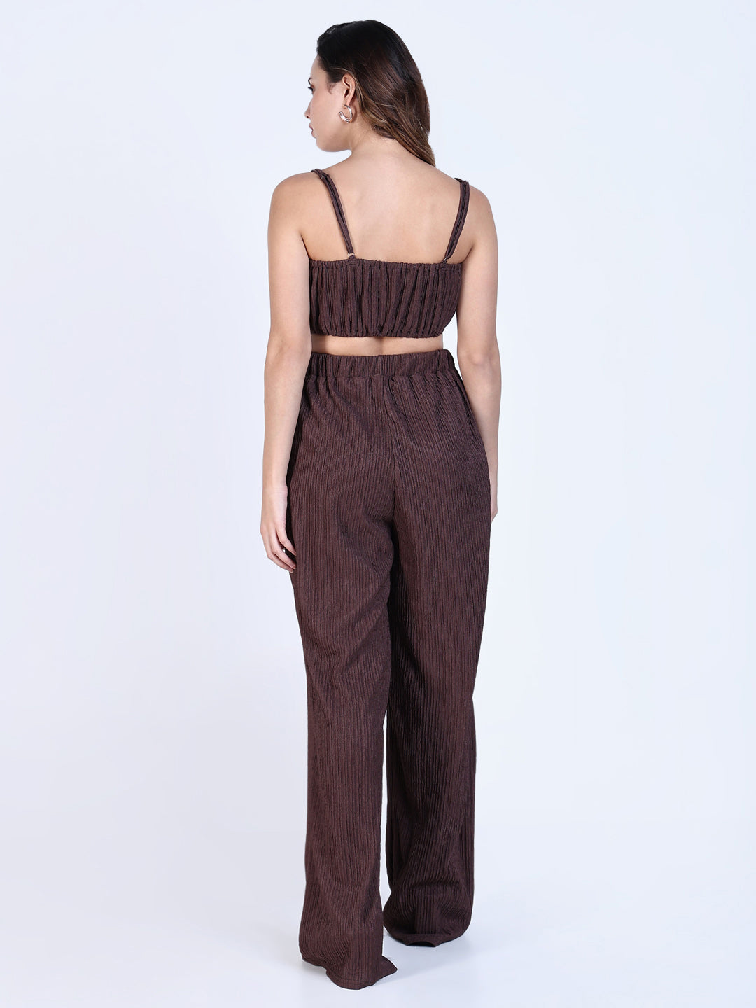 Women's Textured Brown Crop Top with Pants Co-Ords Set