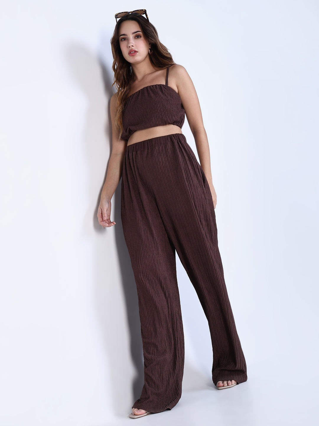 Women's Textured Brown Crop Top with Pants Co-Ords Set