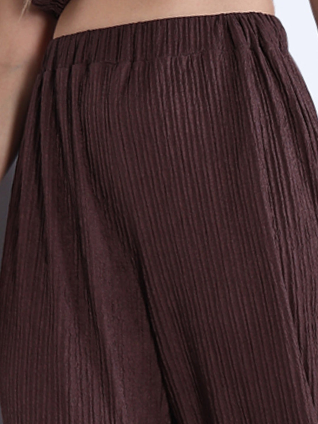 Women's Textured Brown Crop Top with Pants Co-Ords Set