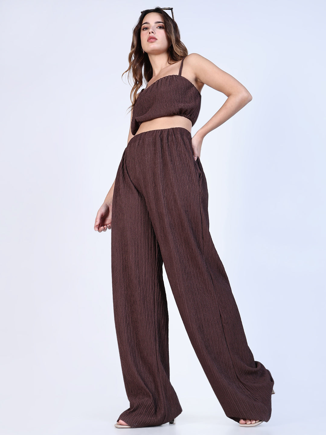 Women's Textured Brown Crop Top with Pants Co-Ords Set