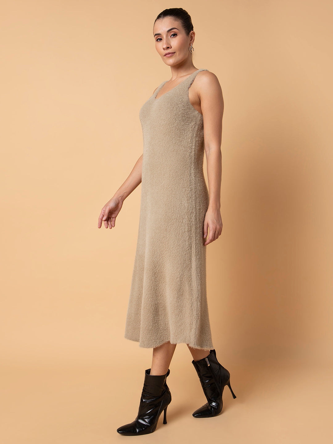 Women Solid Beige Midi A-Line Dress