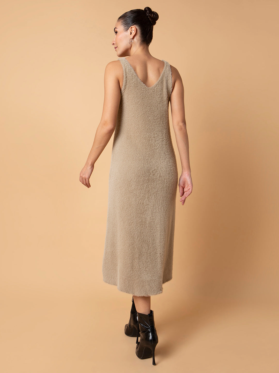 Women Solid Beige Midi A-Line Dress