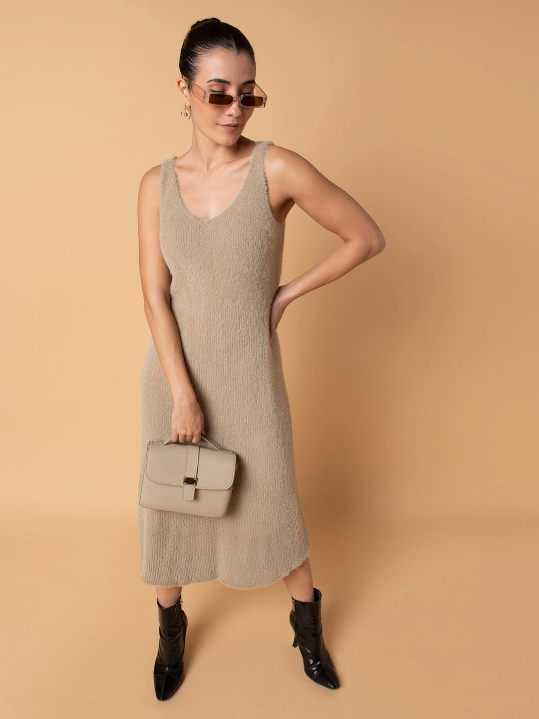 Women Solid Beige Midi A-Line Dress