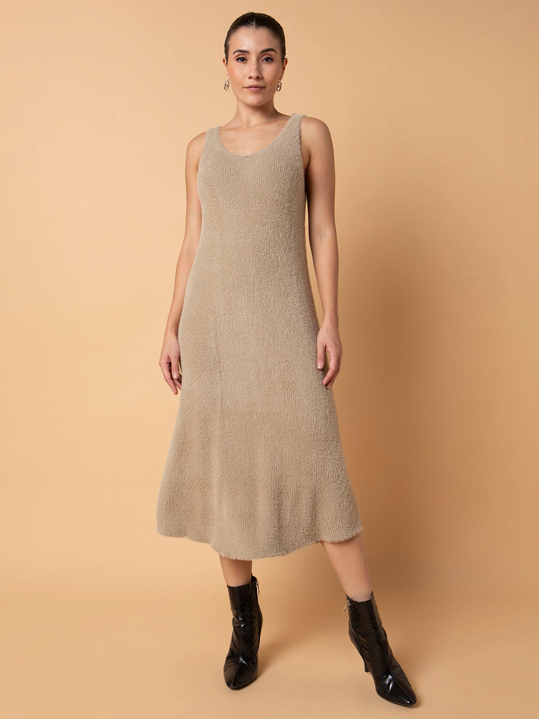 Women Solid Beige Midi A-Line Dress