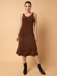 Women's Brown Solid A-Line Midi Dress