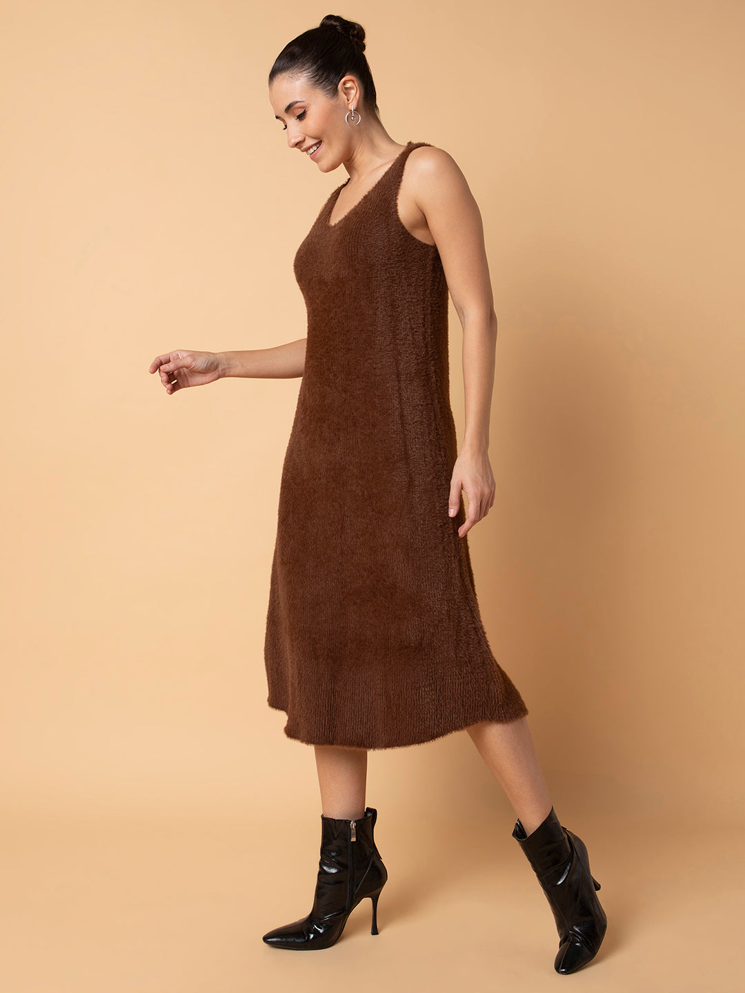 Women Solid Brown Midi A-Line Dress