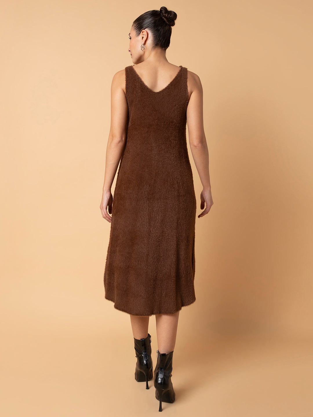 Women Solid Brown Midi A-Line Dress