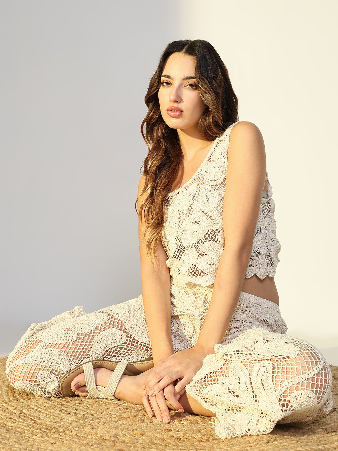 Women Cream Embroidered Crochet Co Ords Set