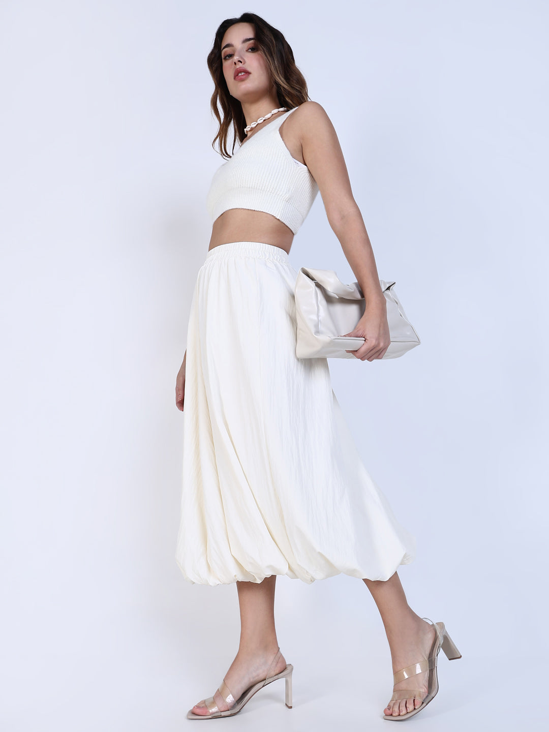 Women Cream Solid Balloon Skirt