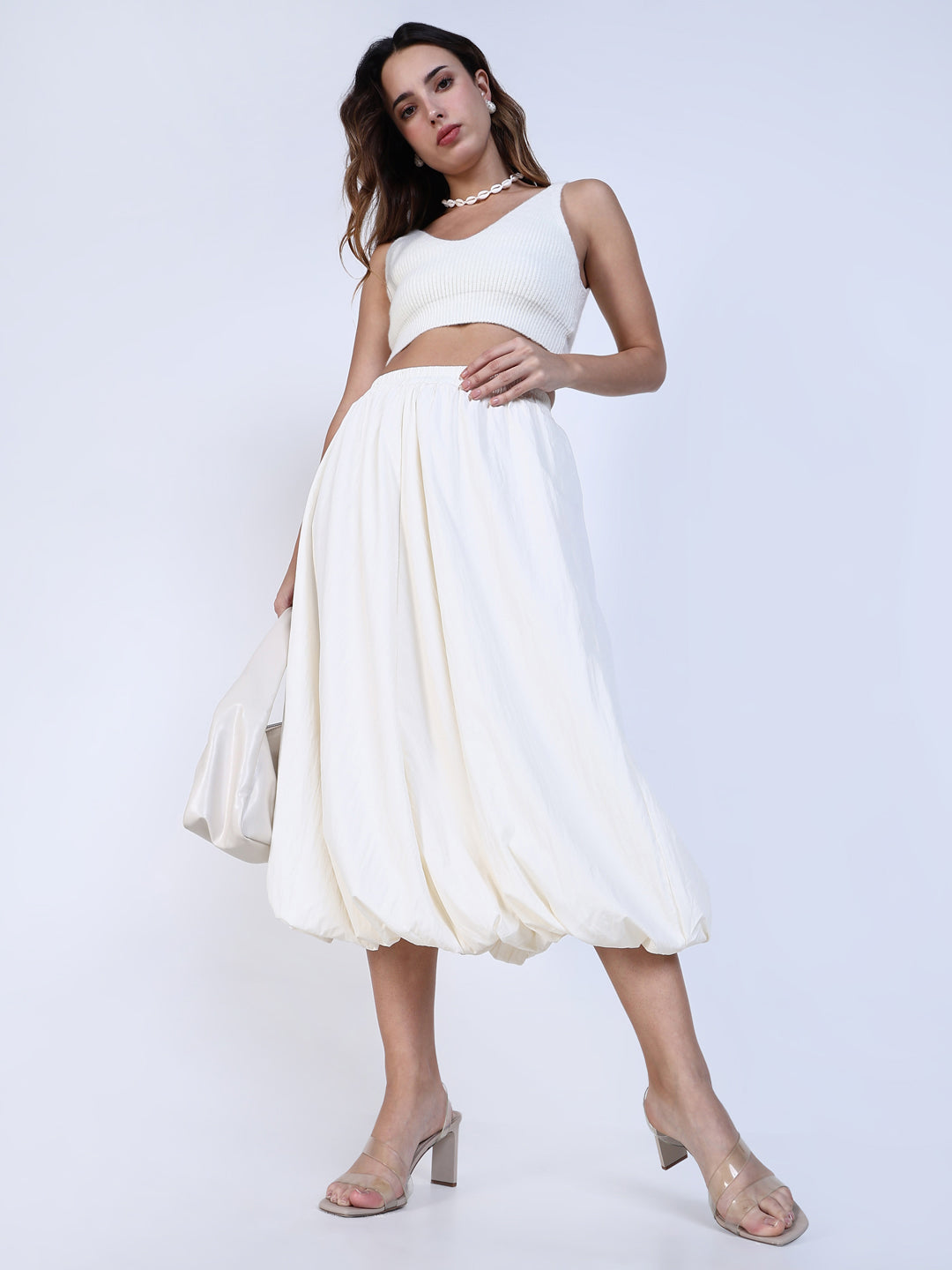 Women Cream Solid Balloon Skirt