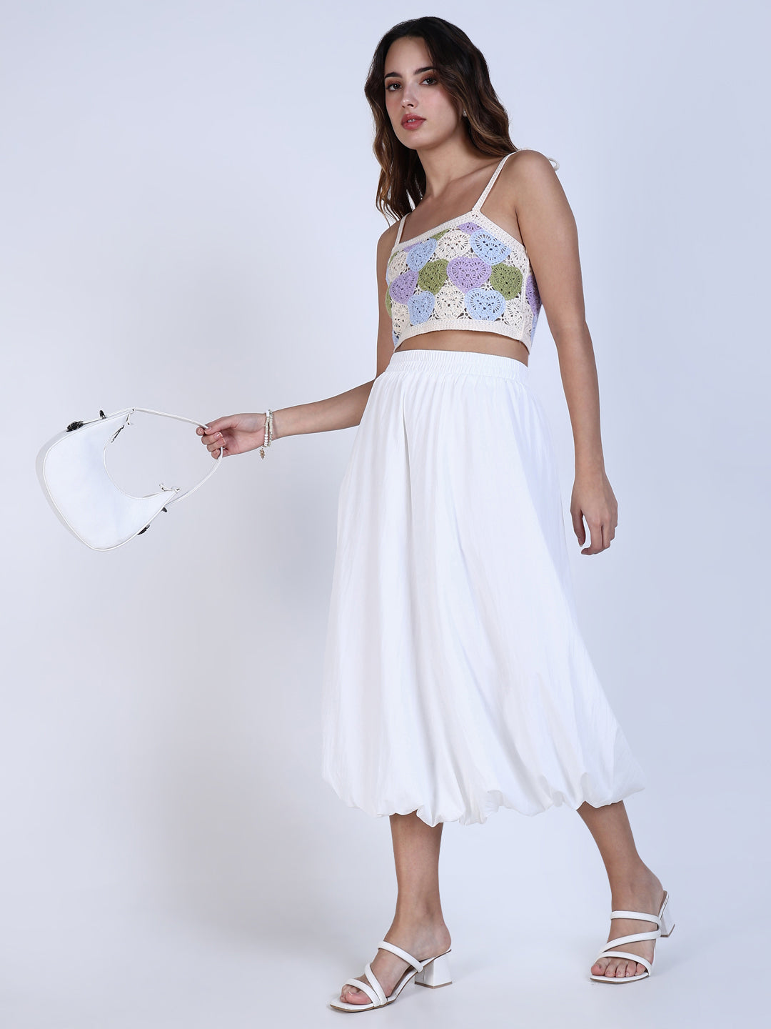 Women White Solid Balloon Skirt