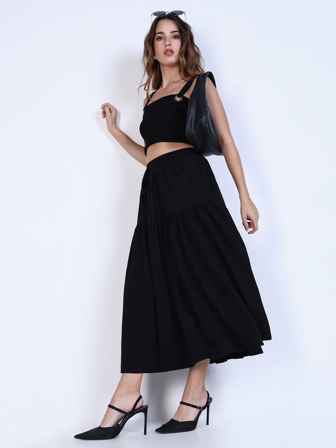 Women Black Solid Flared Skirt