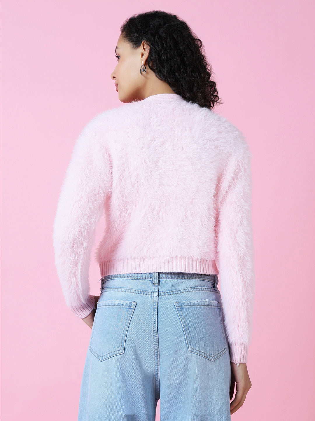 Women Solid Pink Crop Cardigan