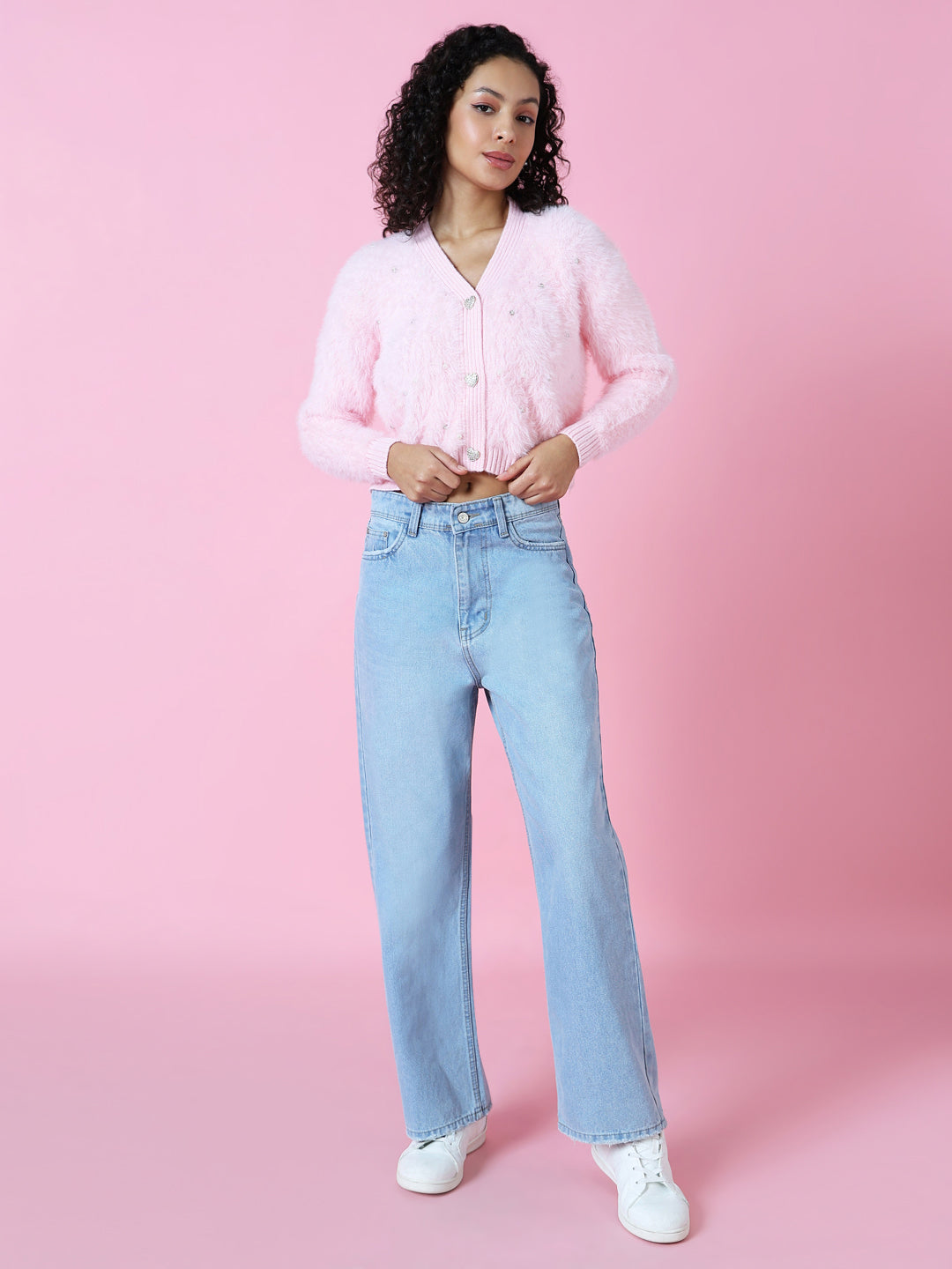 Women Solid Pink Crop Cardigan