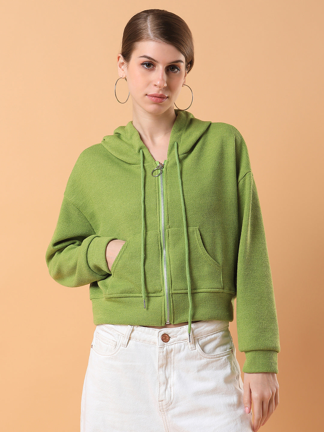 Women Solid Green Hooded Sweatshirt