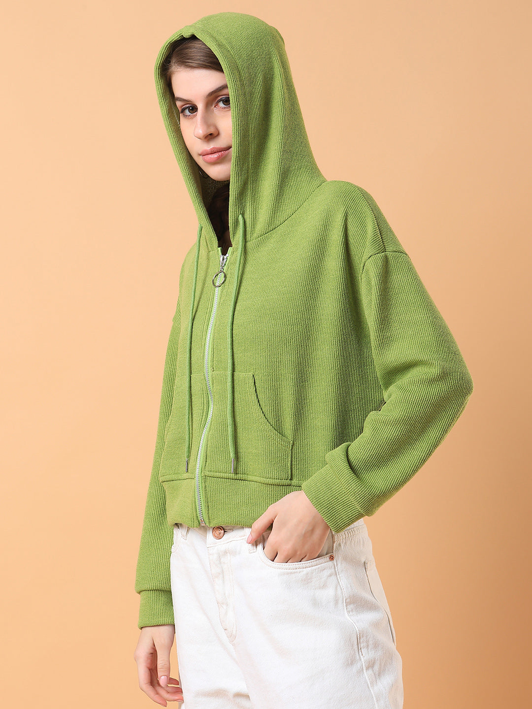 Women Solid Green Hooded Sweatshirt