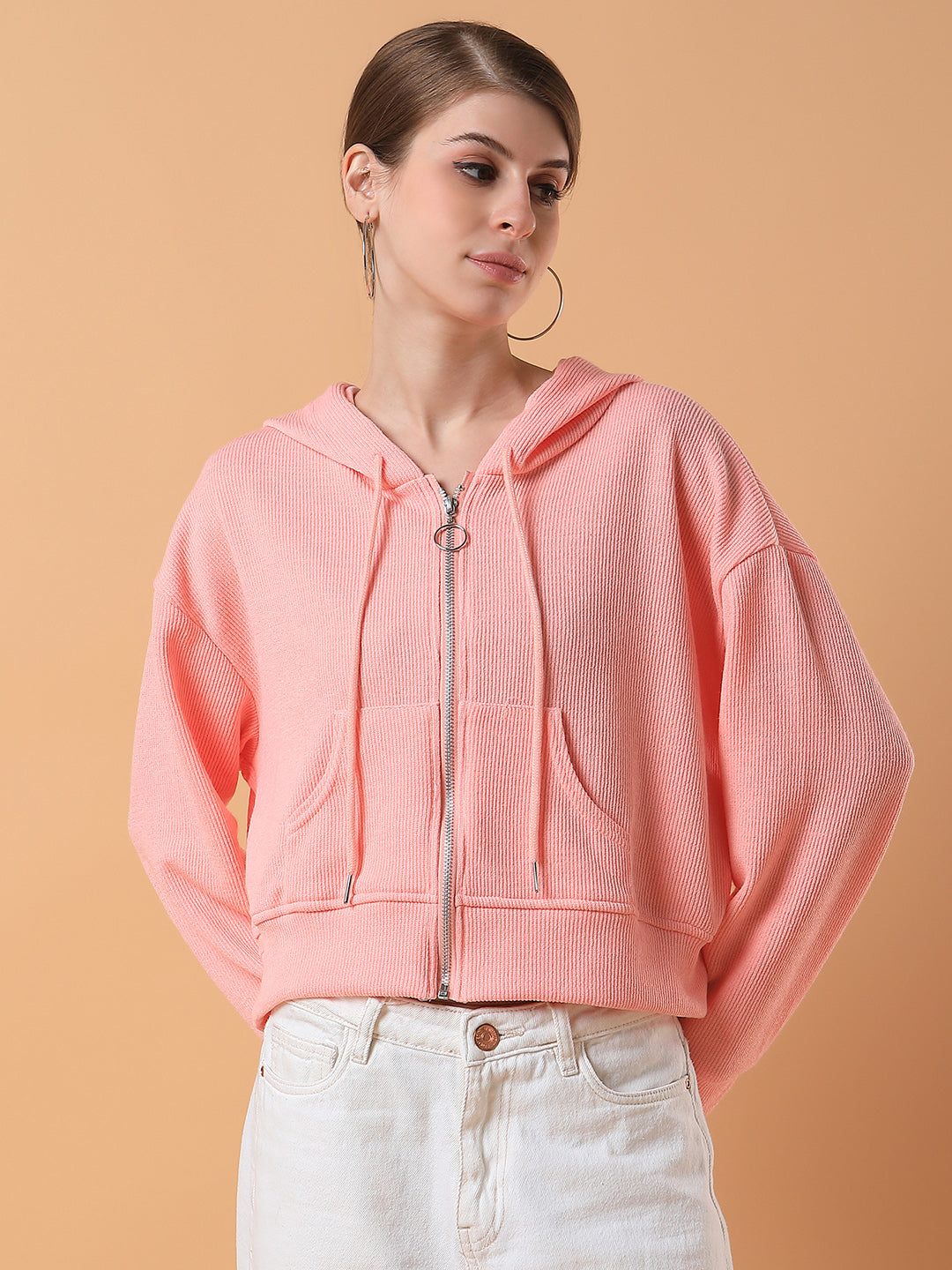 Women Solid Pink Hooded Sweatshirt