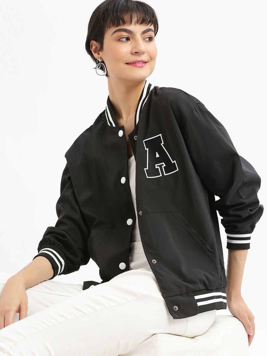 Women Oversized Black Varsity Jacket