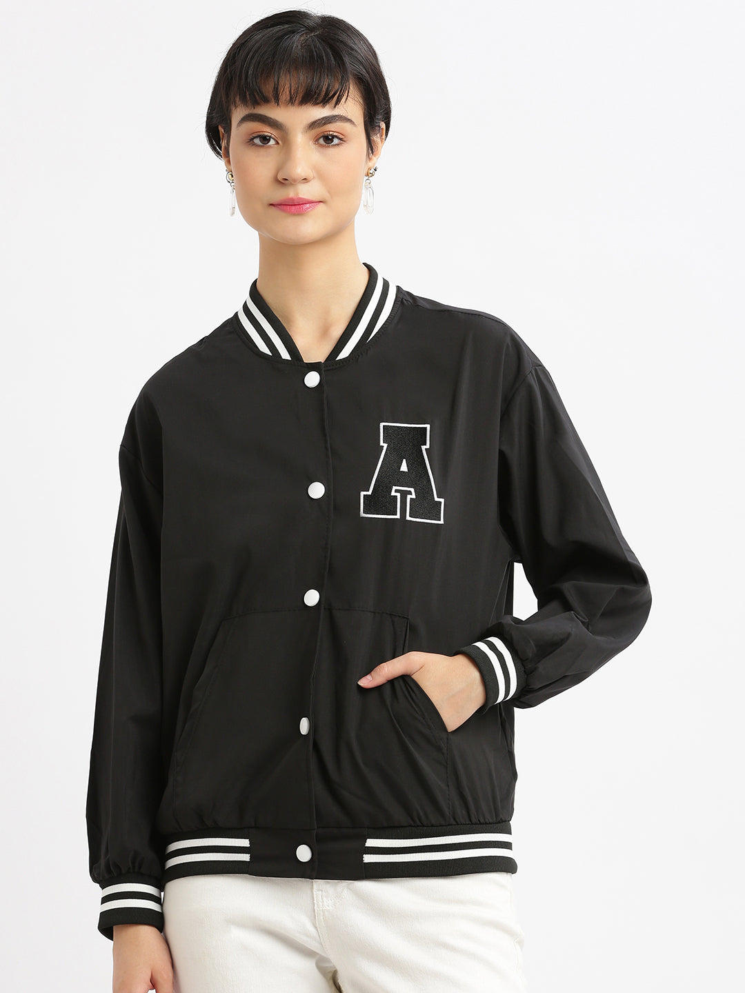 Women Oversized Black Varsity Jacket