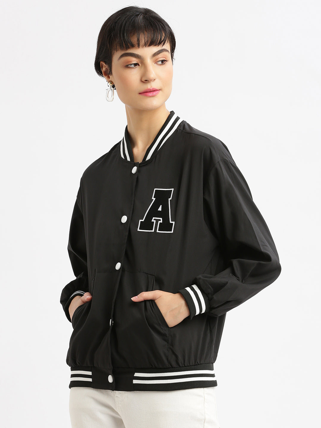 Women Oversized Black Varsity Jacket