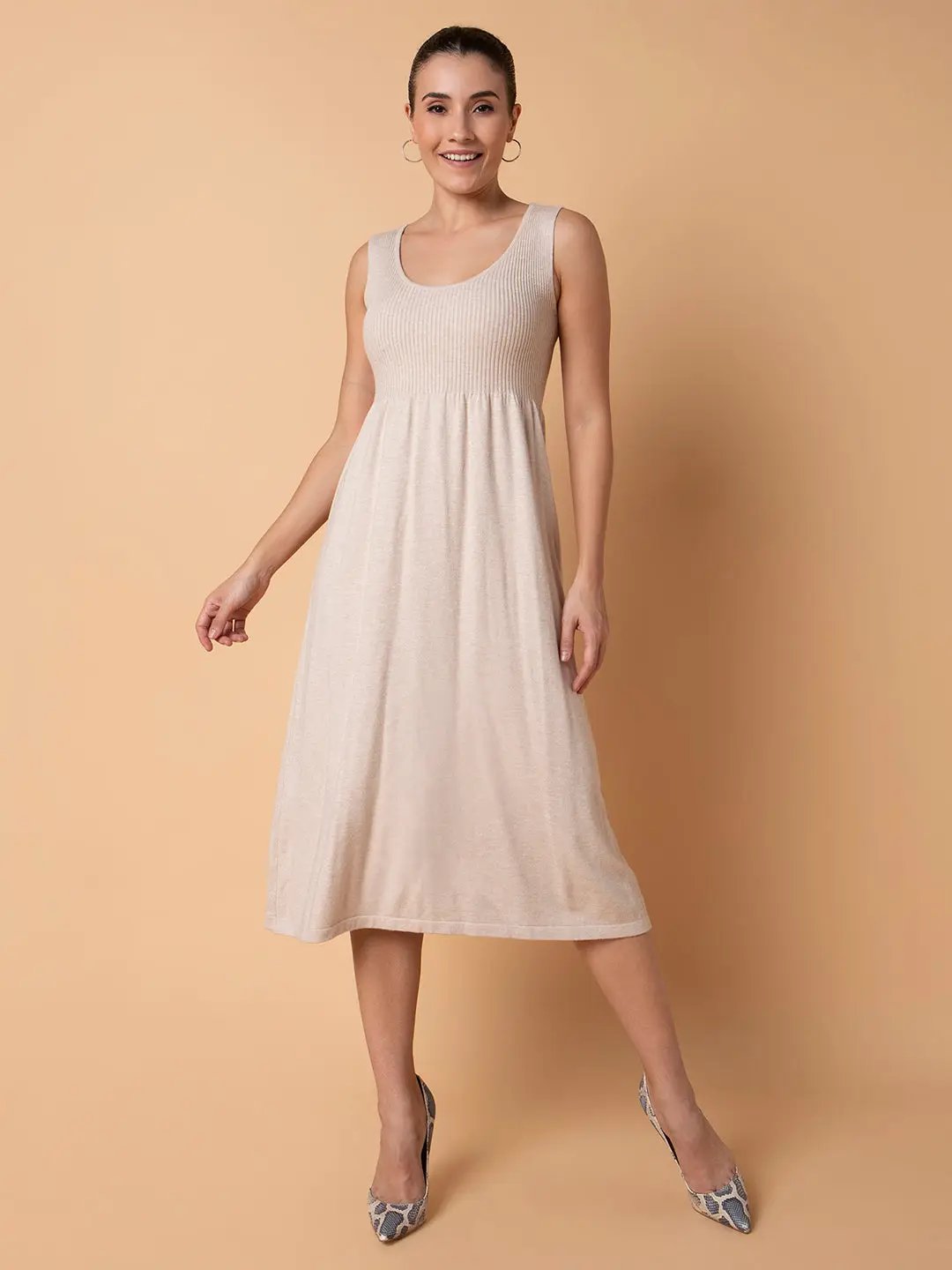 Women's Solid Beige Midi Fit and Flare Dress