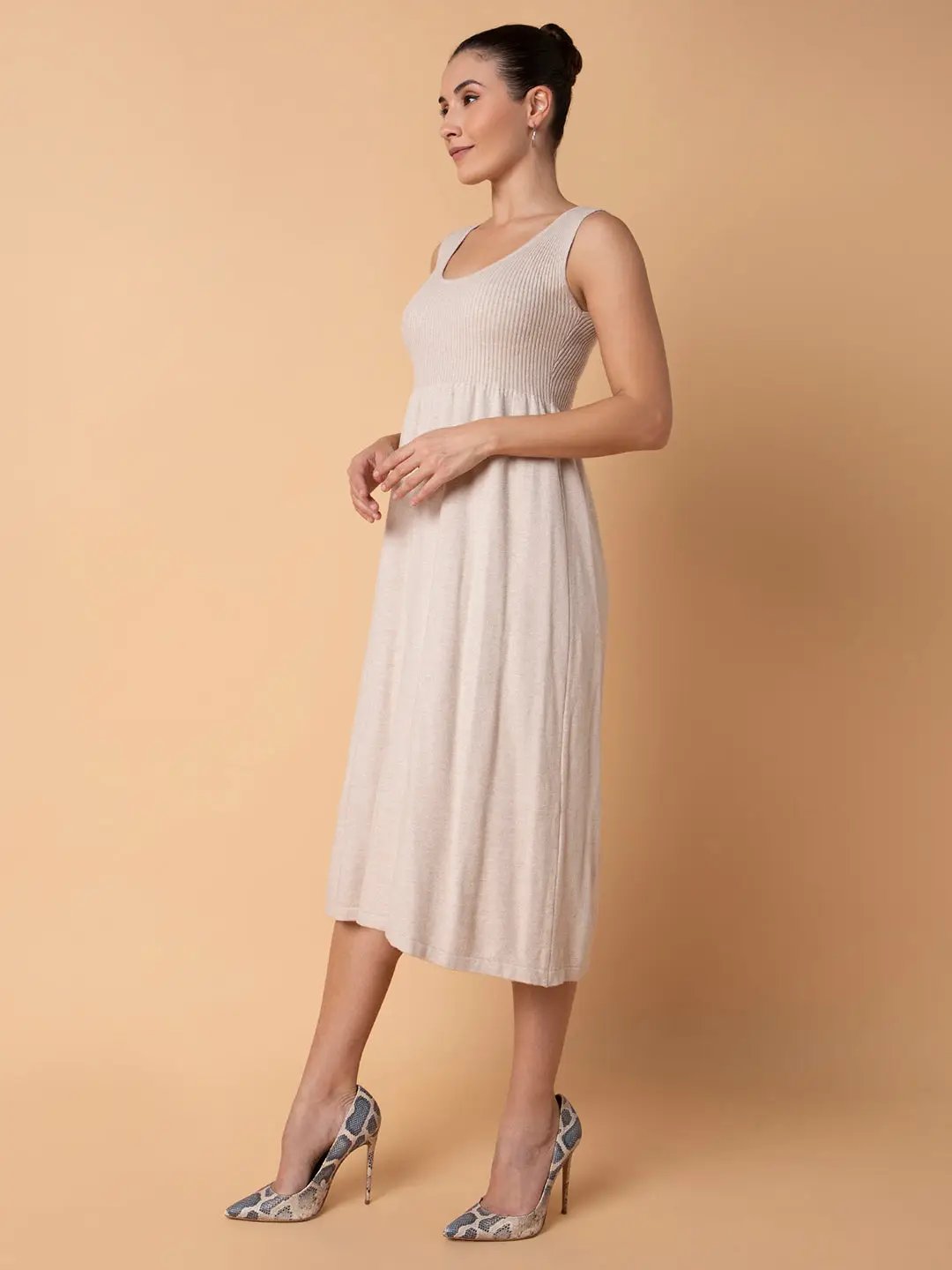 Women's Solid Beige Midi Fit and Flare Dress