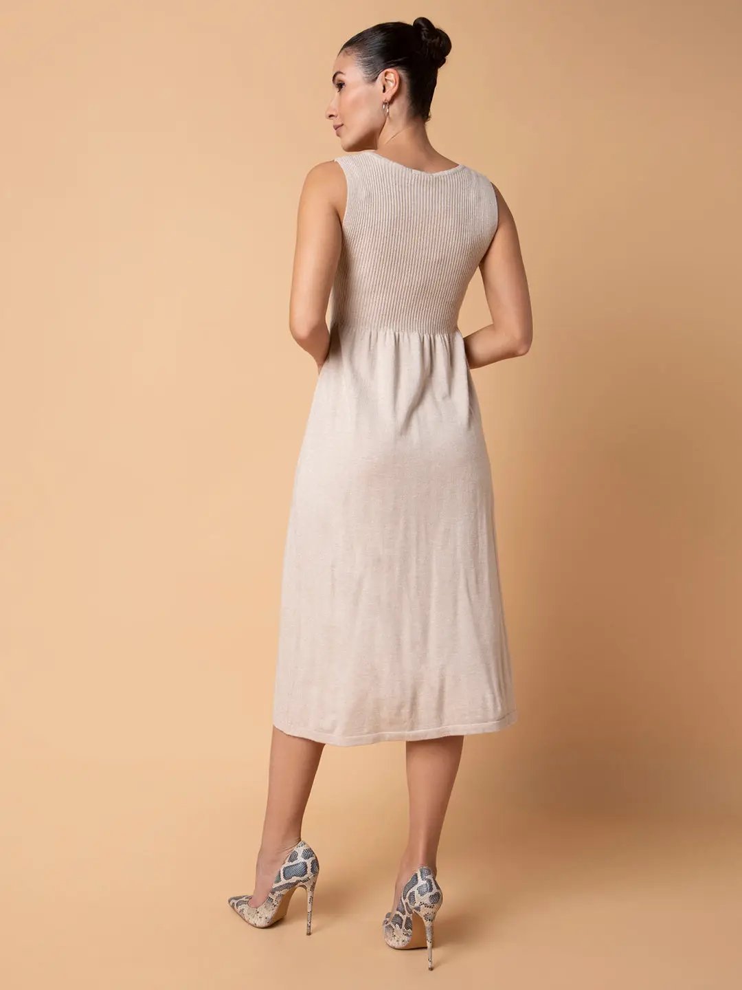 Women's Solid Beige Midi Fit and Flare Dress