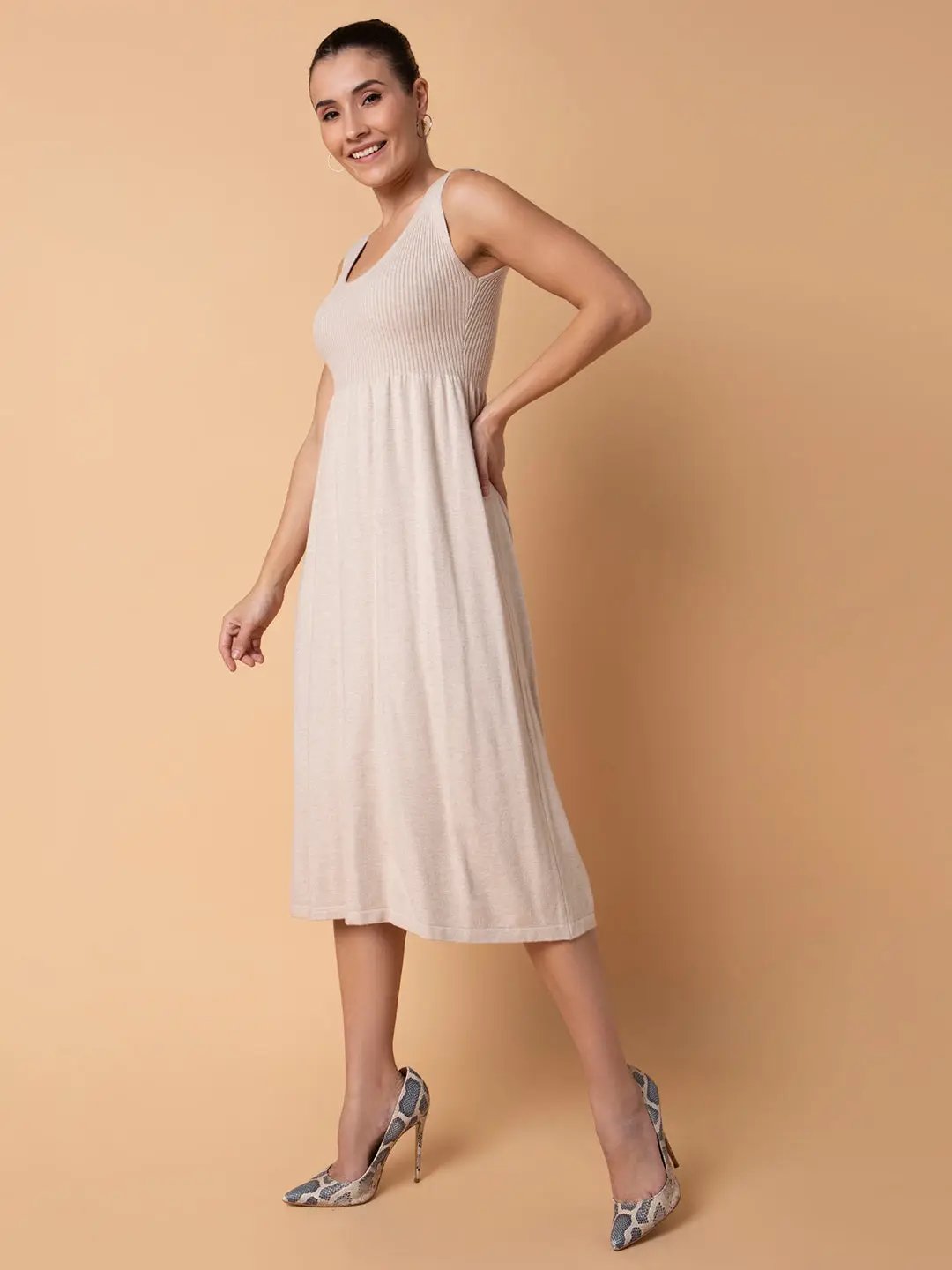 Women's Solid Beige Midi Fit and Flare Dress