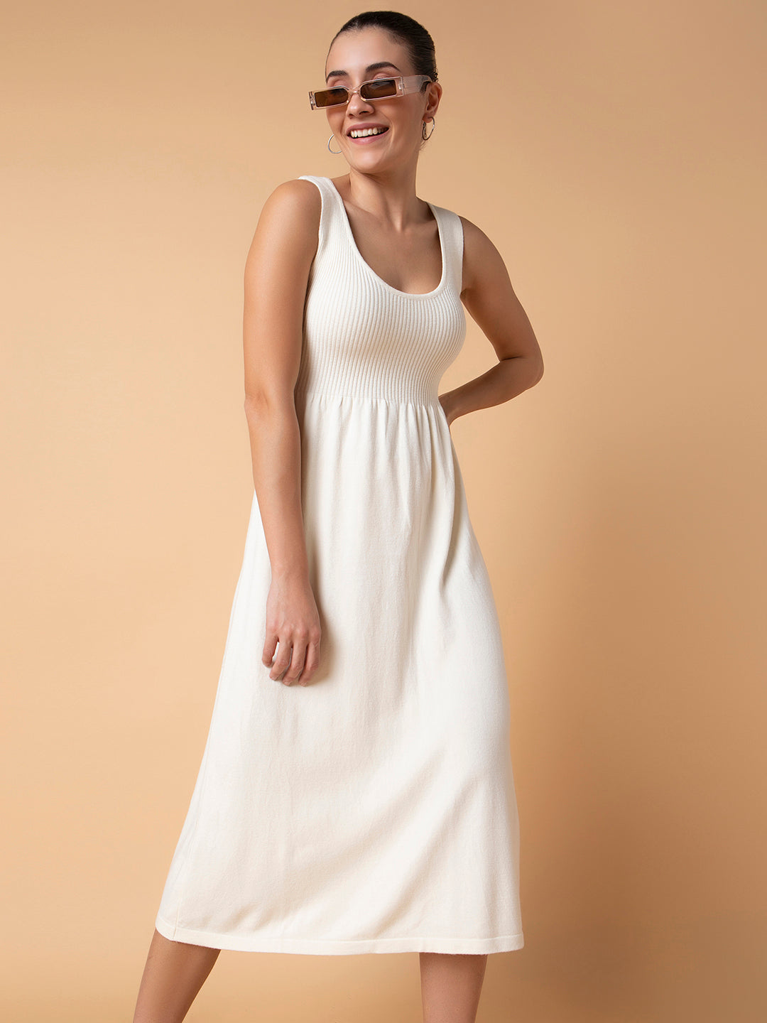 Women's Solid Cream Midi Fit and Flare Dress