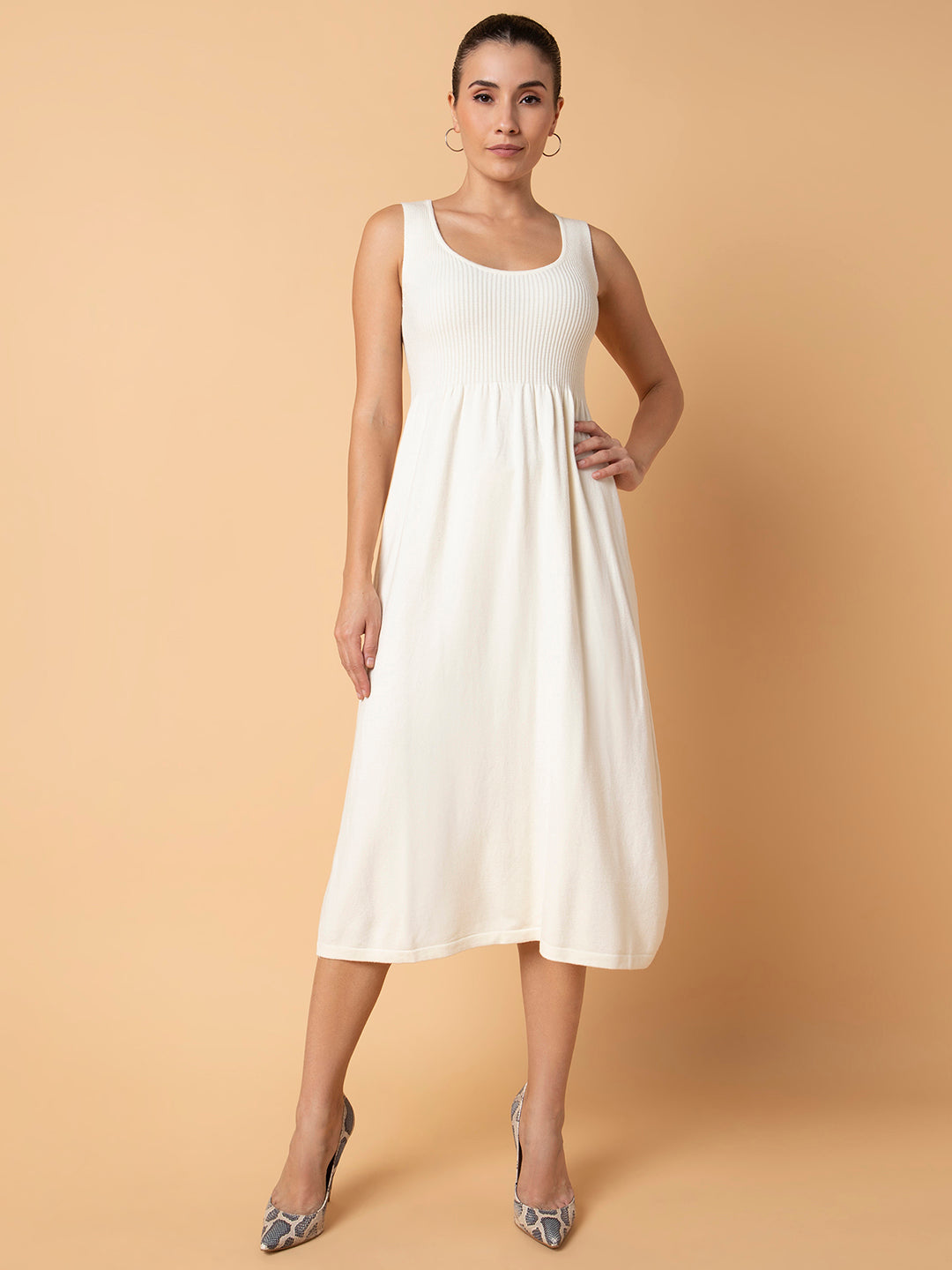 Women's Solid Cream Midi Fit and Flare Dress