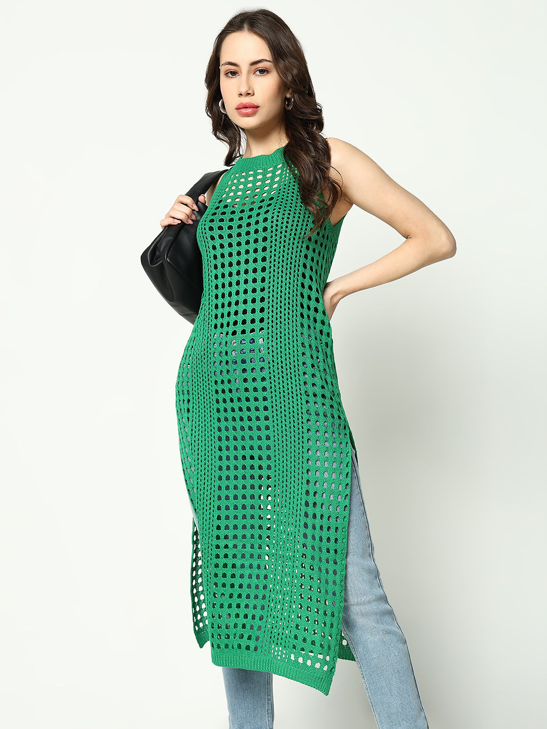 Women Green Solid Crochet Longline Top