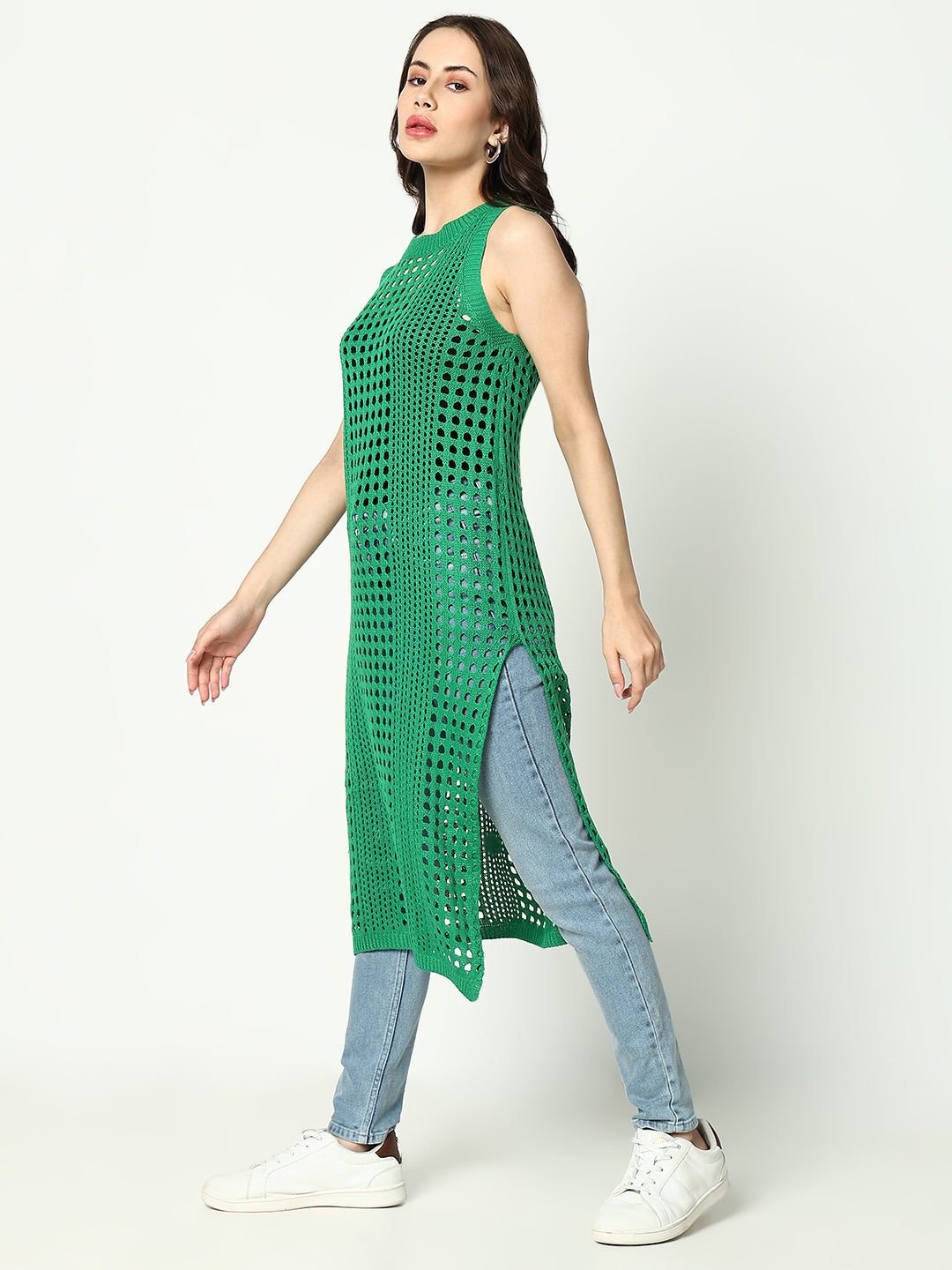 Women Green Solid Crochet Longline Top