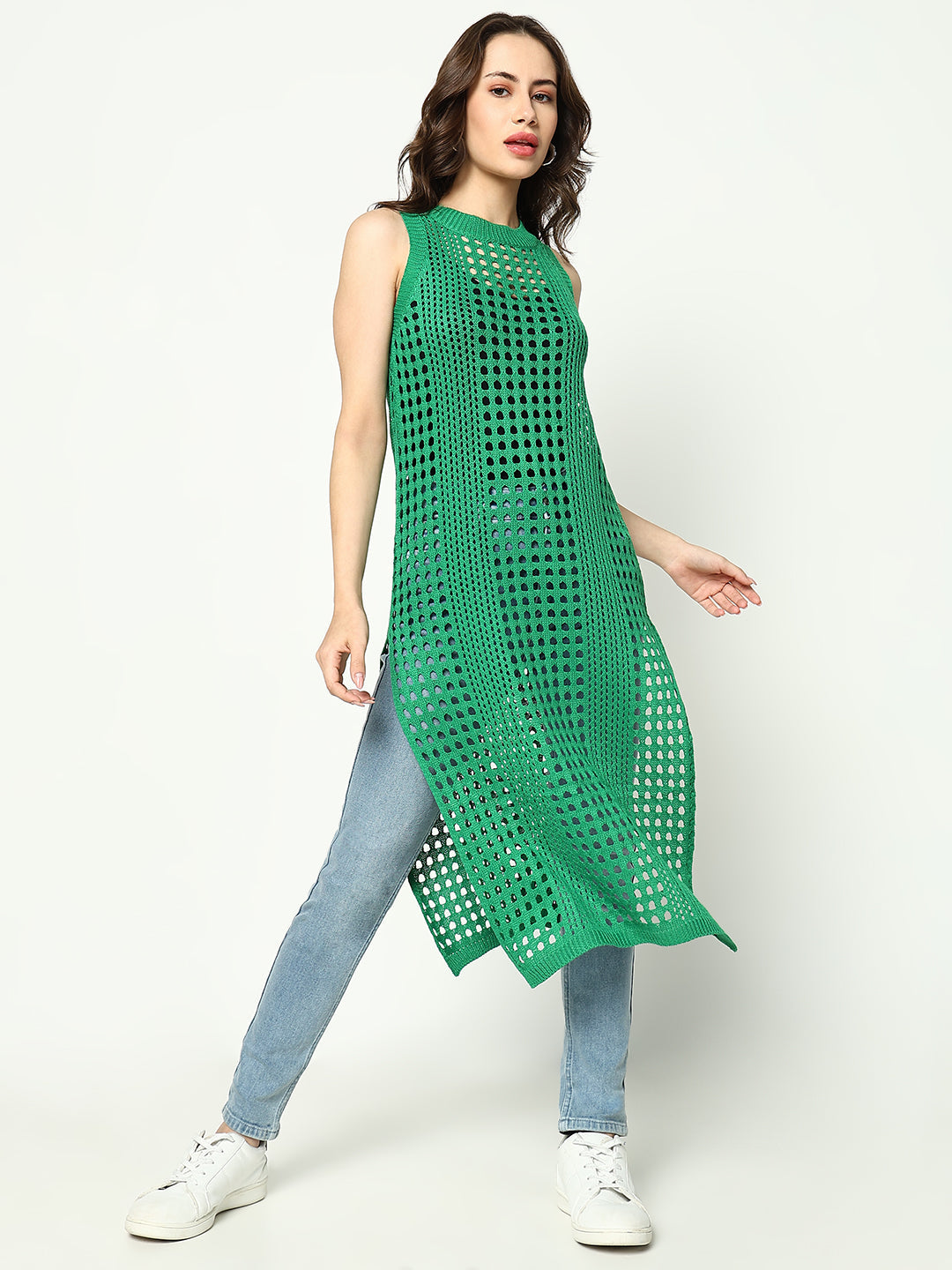 Women Green Solid Crochet Longline Top