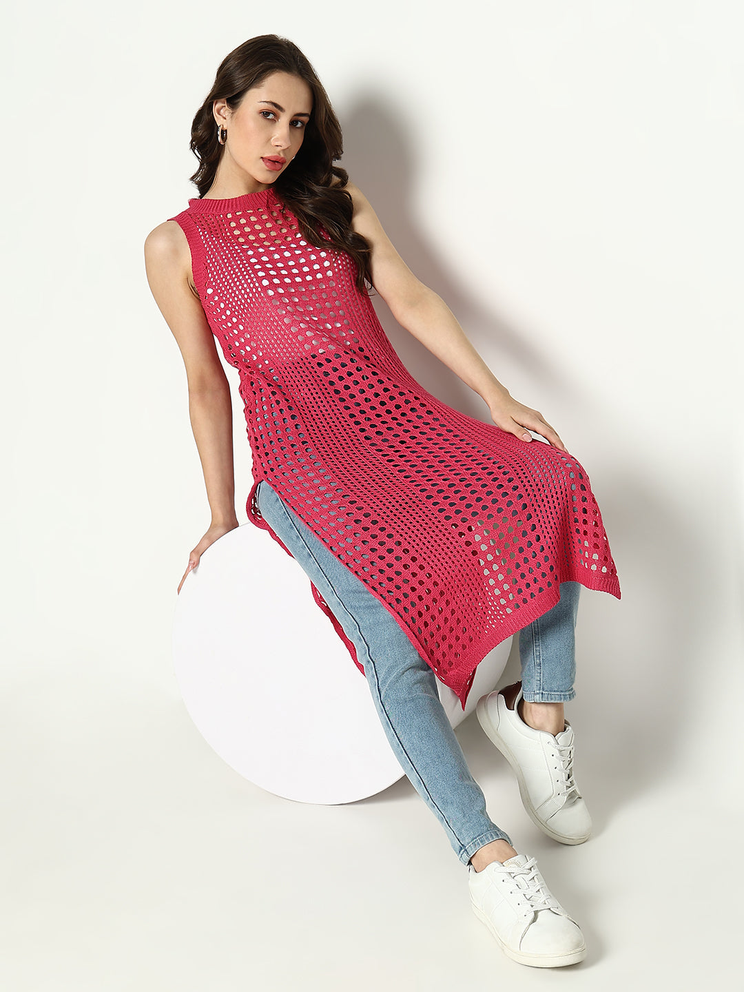 Women Pink Solid Crochet Longline Top