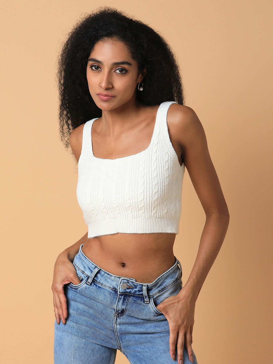 Women Solid Cream Bralette Crop Top