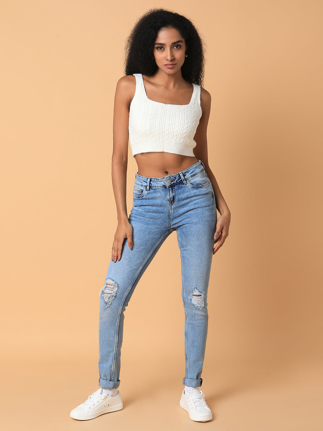 Women Solid Cream Bralette Crop Top