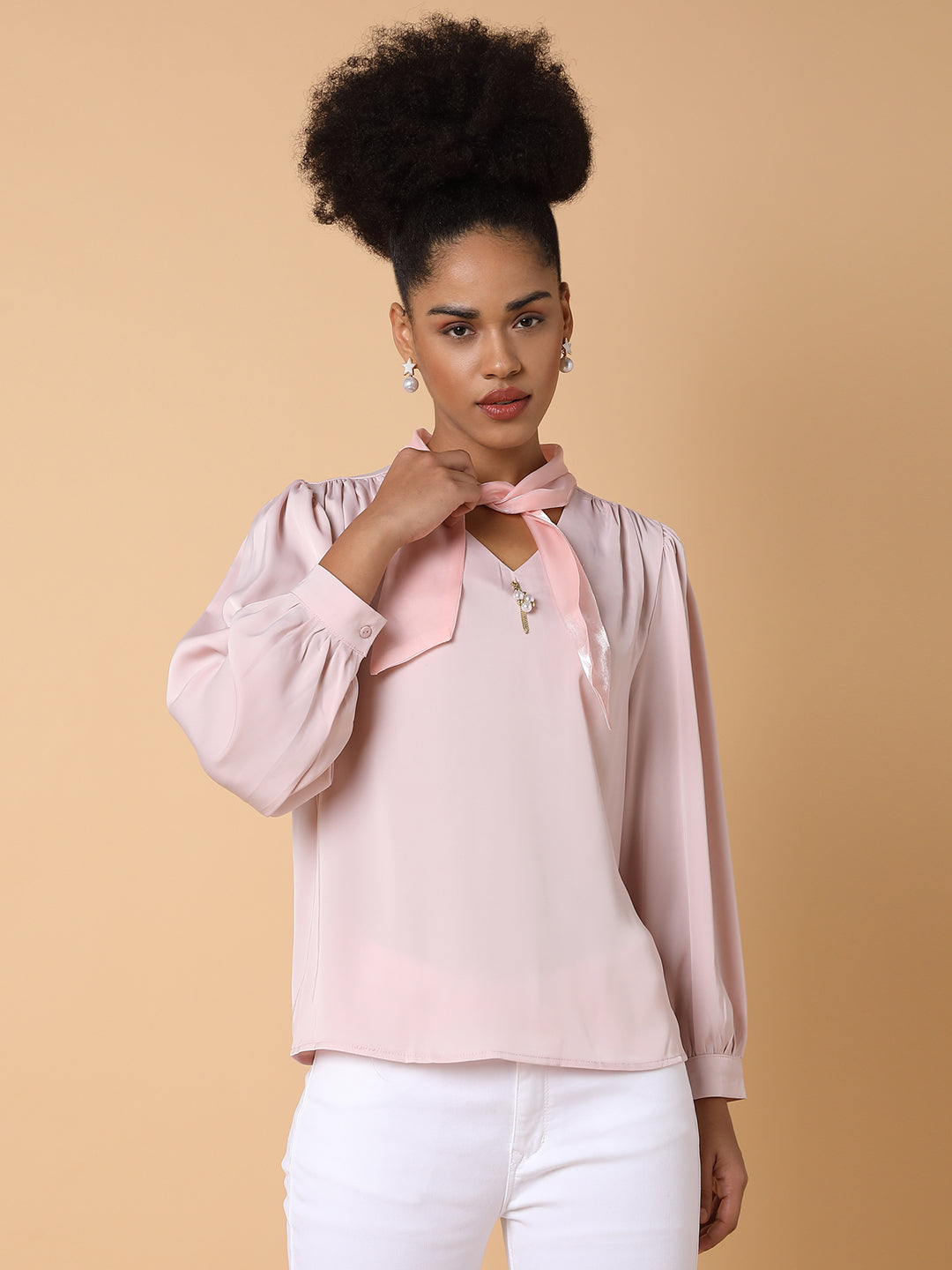 Women Solid Shirt Style Peach Top