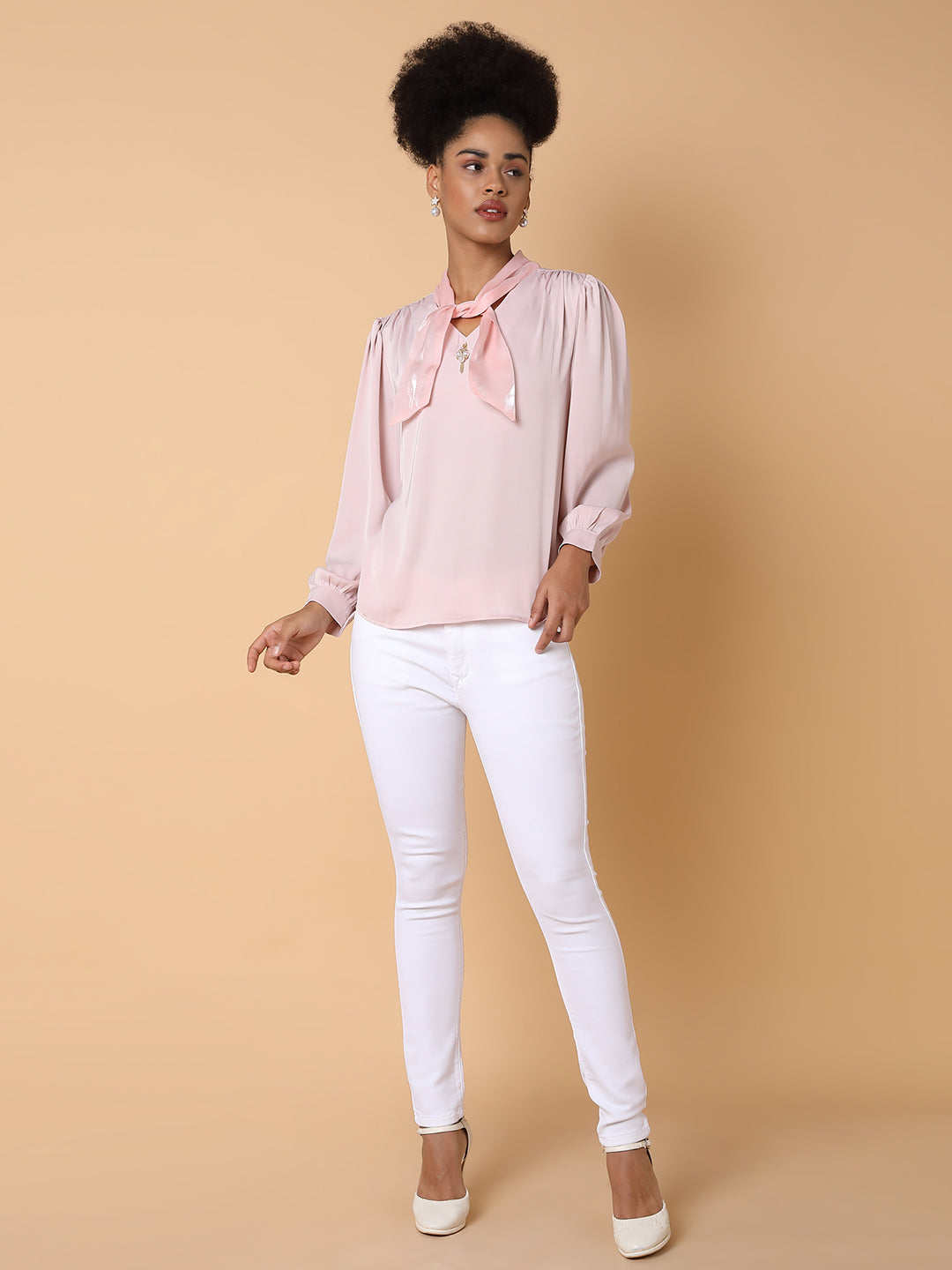 Women Solid Shirt Style Peach Top