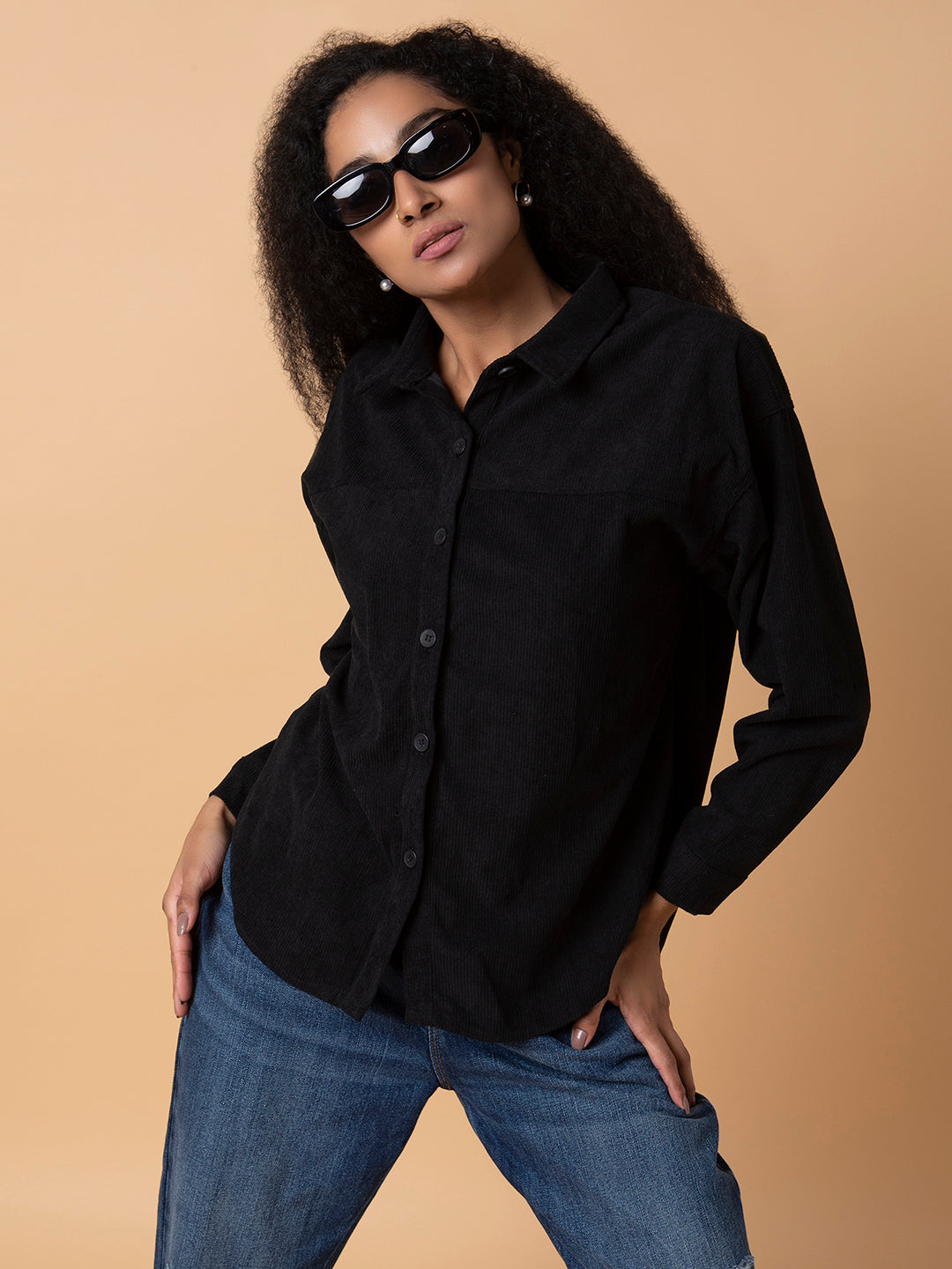 Women Solid Black Oversized Shirt