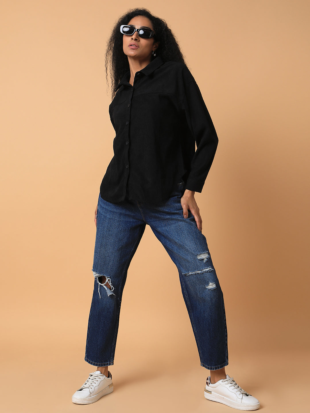 Women Solid Black Oversized Shirt