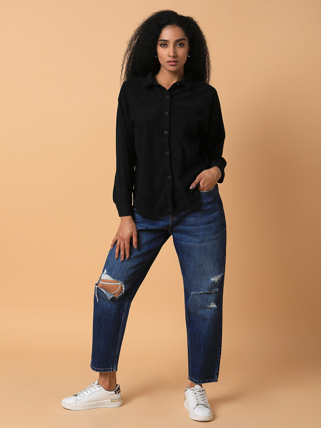 Women Solid Black Oversized Shirt