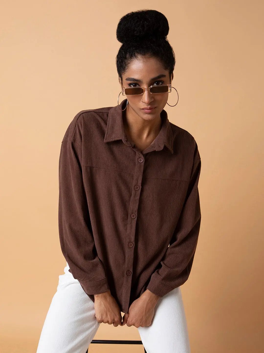 Women's Solid Brown Oversized Shirt