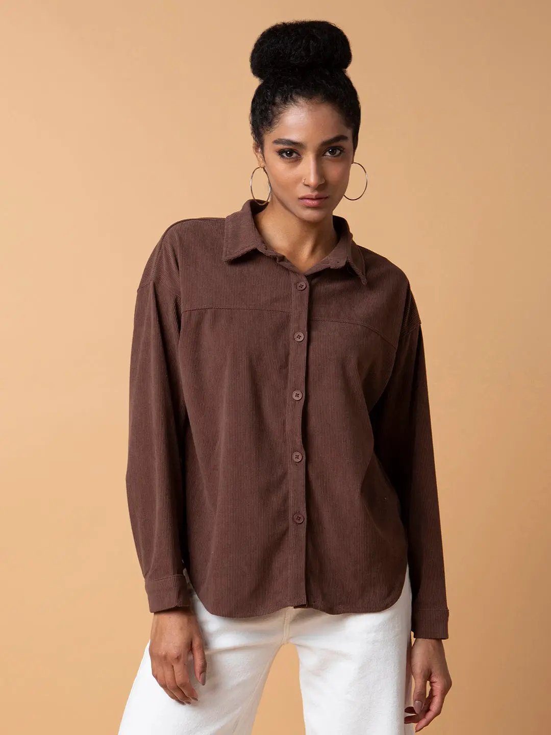 Women's Solid Brown Oversized Shirt