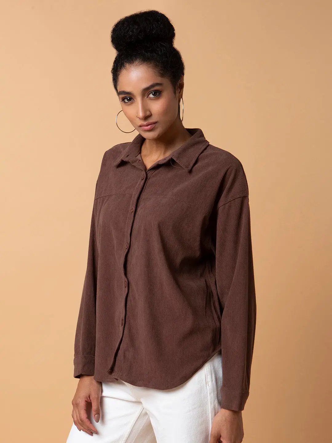 Women's Solid Brown Oversized Shirt