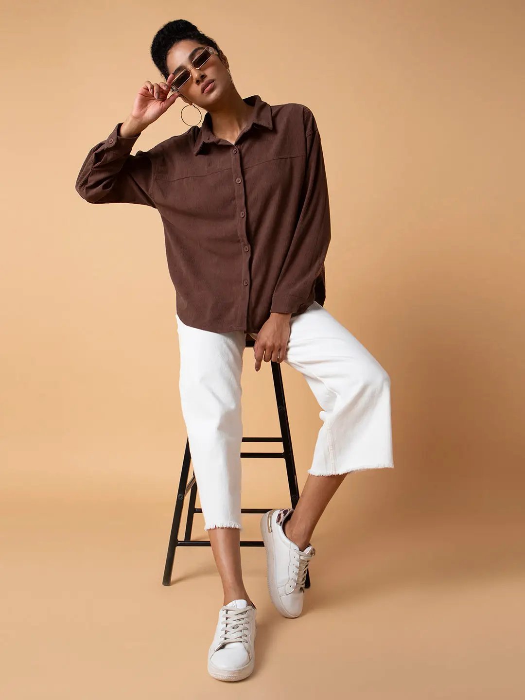 Women's Solid Brown Oversized Shirt