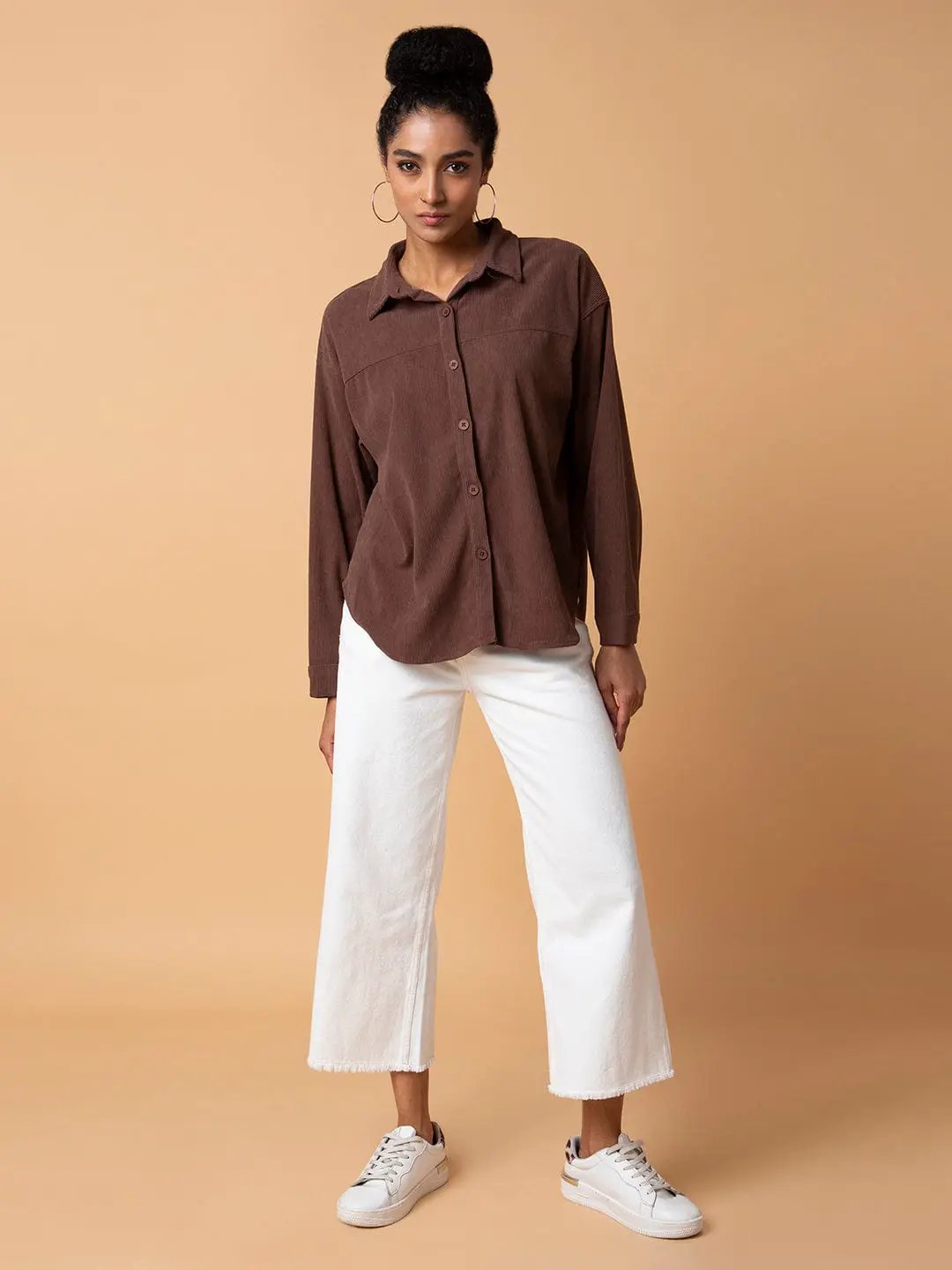 Women's Solid Brown Oversized Shirt