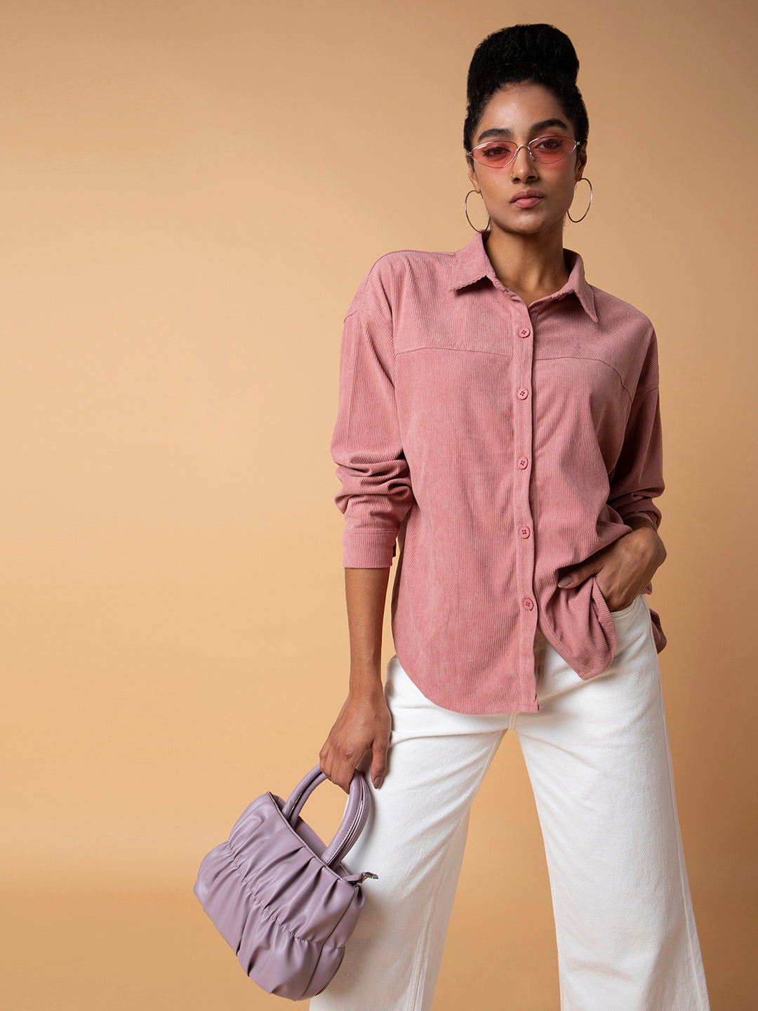 Women Solid Peach Oversized Shirt